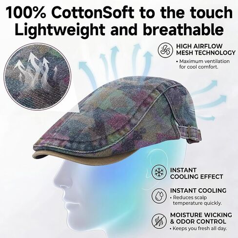 Denim Newsboy Flat Cap for Men, Adjustable Camo Hat | 100% cotton; adjustable 57-61 cm fit; geometric camo flat cap for driving, golf, travel, and casual daily wear in Saudi Arabia