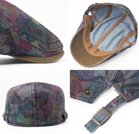 Denim Newsboy Flat Cap for Men, Adjustable Camo Hat | 100% cotton; adjustable 57-61 cm fit; geometric camo flat cap for driving, golf, travel, and casual daily wear in Saudi Arabia