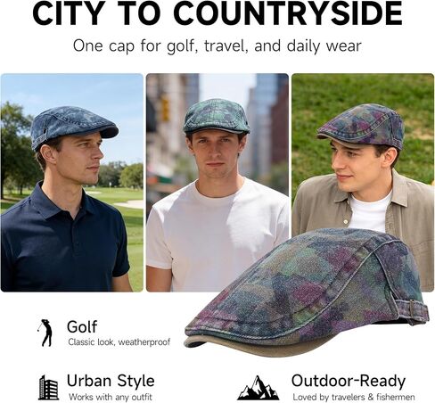 Denim Newsboy Flat Cap for Men, Adjustable Camo Hat | 100% cotton; adjustable 57-61 cm fit; geometric camo flat cap for driving, golf, travel, and casual daily wear in Saudi Arabia