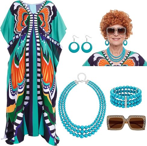 6pcs Halloween Landlady Costume Curly Red Brown Wig Print Caftan Dresses Jewelry Set and Sunglass for Cosplay Party in Saudi Arabia