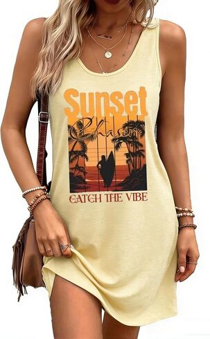 Women's Sleeveless Mini Tank Dress Sunset Coconut Tree Graphic Beach Vacation Summer Holiday Sundress Coverup in Saudi Arabia