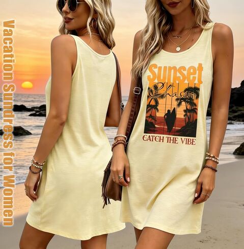Women's Sleeveless Mini Tank Dress Sunset Coconut Tree Graphic Beach Vacation Summer Holiday Sundress Coverup in Saudi Arabia