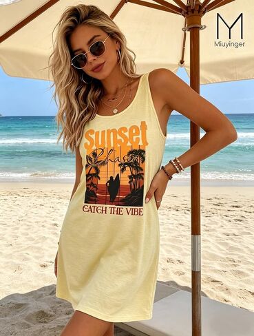Women's Sleeveless Mini Tank Dress Sunset Coconut Tree Graphic Beach Vacation Summer Holiday Sundress Coverup in Saudi Arabia