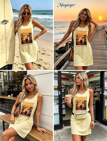 Women's Sleeveless Mini Tank Dress Sunset Coconut Tree Graphic Beach Vacation Summer Holiday Sundress Coverup in Saudi Arabia