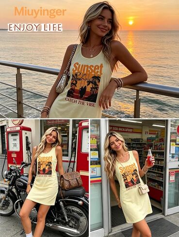 Women's Sleeveless Mini Tank Dress Sunset Coconut Tree Graphic Beach Vacation Summer Holiday Sundress Coverup in Saudi Arabia