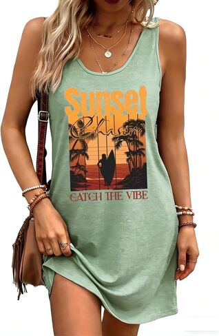 Women's Sleeveless Mini Tank Dress Sunset Coconut Tree Graphic Beach Vacation Summer Holiday Sundress Coverup in Saudi Arabia