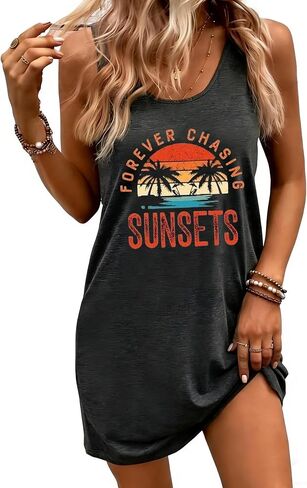 Women's Sleeveless Mini Tank Dress Sunset Coconut Tree Graphic Beach Vacation Summer Holiday Sundress Coverup in Saudi Arabia