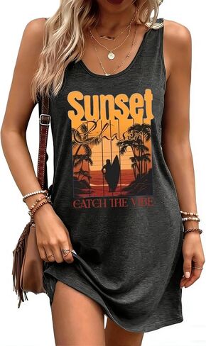 Women's Sleeveless Mini Tank Dress Sunset Coconut Tree Graphic Beach Vacation Summer Holiday Sundress Coverup in Saudi Arabia