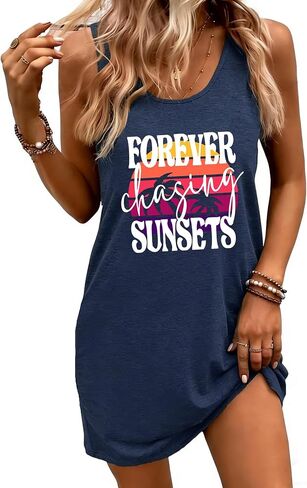Women's Sleeveless Mini Tank Dress Sunset Coconut Tree Graphic Beach Vacation Summer Holiday Sundress Coverup in Saudi Arabia
