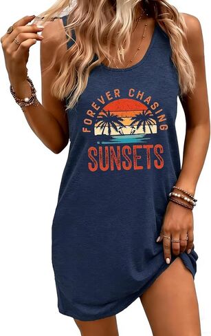Women's Sleeveless Mini Tank Dress Sunset Coconut Tree Graphic Beach Vacation Summer Holiday Sundress Coverup in Saudi Arabia