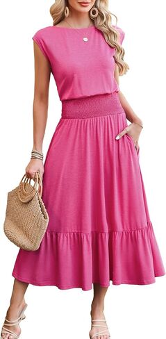 Kikibell Womens Summer Dresses Cap Sleeve Elastic Waist Midi Dress with Pocket Long Causal Sundress Beach Vacation Outfits in Kuwait