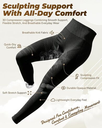 3D Compression Leggings for Women, High Waist Tummy Control Butt Lifting Smooth Sculpting Yoga Pants, Breathable Stretch Fit in Kuwait