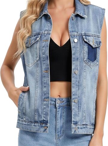 EMMIOL Y2K Sleeveless Denim Vest Women, Jean Vest Top Distressed Vintage, Waistcoat Jacket Oversized Contrast Panel 4 Pockets in Kuwait