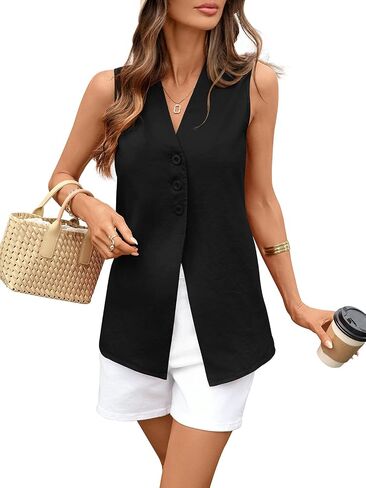Women's Cotton Linen Vest V Neck Button up Back Tie Sleeveless Blazer with Pockets in Saudi Arabia