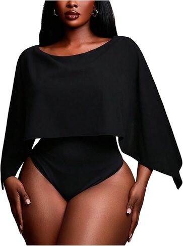 WDIRARA Women's Plus Size Off the Shoulder Bodysuit Ruffle Dolman Sleeve Body Suit in Kuwait