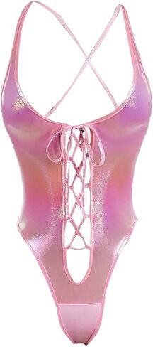 SHENHE Women's Y2k Sexy Shiny Metallic Bodysuit Low Cut Lace Up Open Back Party Rave Bodysuit in Kuwait