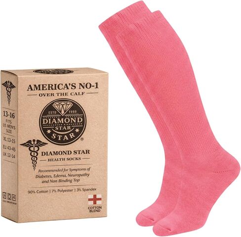 Diamond Star 2 Pairs Diabetic Knee High Socks, Over The Calf Non-Binding Cotton Socks for Men, Comfortable Fit, Men's Shoe (US, Alpha, X-Large, Regular, 2 Pairs Black) in Kuwait