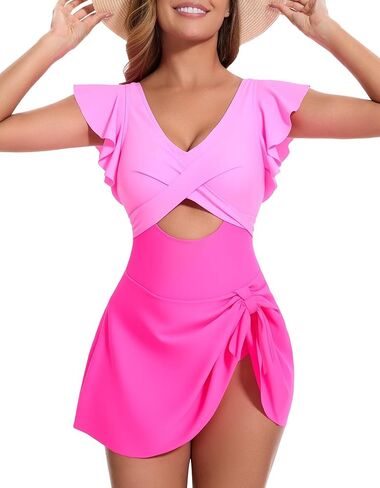 Women One Piece Swim Dress Tummy Control Swimsuits V Neck Ruffle Bathing Suit Cutout Wrap Side Tie Swimwear with Skirt in Saudi Arabia