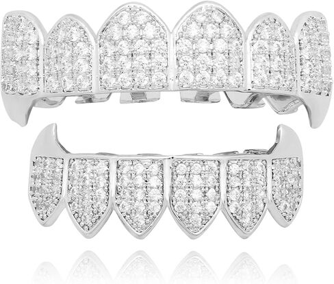 Silver Iced Out Grillz for Men and Women – Full Top & Bottom Teeth Grills with Rhinestones, One Size Fits Most, Includes Silicone Molding Bars for Hip Hop Rap Rapper Costume Accessories Party Jewelry in Kuwait