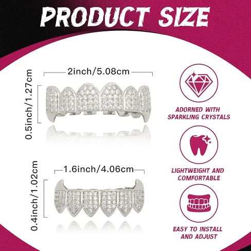Silver Iced Out Grillz for Men and Women – Full Top & Bottom Teeth Grills with Rhinestones, One Size Fits Most, Includes Silicone Molding Bars for Hip Hop Rap Rapper Costume Accessories Party Jewelry in Kuwait