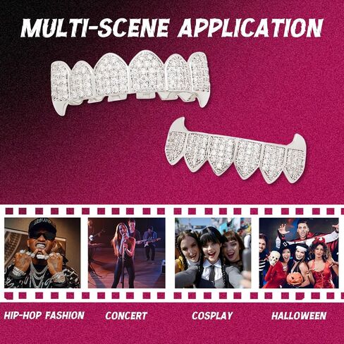 Silver Iced Out Grillz for Men and Women – Full Top & Bottom Teeth Grills with Rhinestones, One Size Fits Most, Includes Silicone Molding Bars for Hip Hop Rap Rapper Costume Accessories Party Jewelry in Kuwait