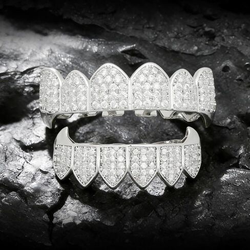 Silver Iced Out Grillz for Men and Women – Full Top & Bottom Teeth Grills with Rhinestones, One Size Fits Most, Includes Silicone Molding Bars for Hip Hop Rap Rapper Costume Accessories Party Jewelry in Kuwait