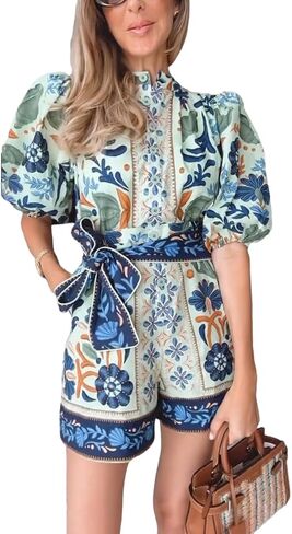 بذلة قصيرة من Wuitrie Boho للسيدات بأكمام قصيرة منتفخة ومطبوعة بالزهور مع جيوب بدلة صيفية للنساء 2025 in Kuwait