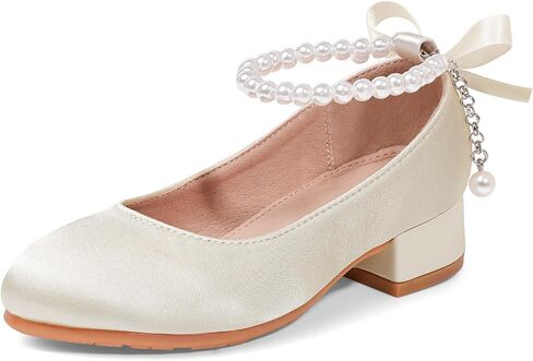 MEJORMEN Girls Dress Shoes Flower Mary Jane Heels Bow Pearl Ankle Strap Pumps Wedding Party Princess Back to School Flats in Kuwait