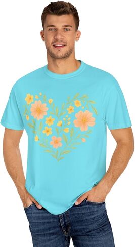 Blossoming Heart: Pastel Floral Illustration Comfort Colors Tee Lagoon Blue in Saudi Arabia