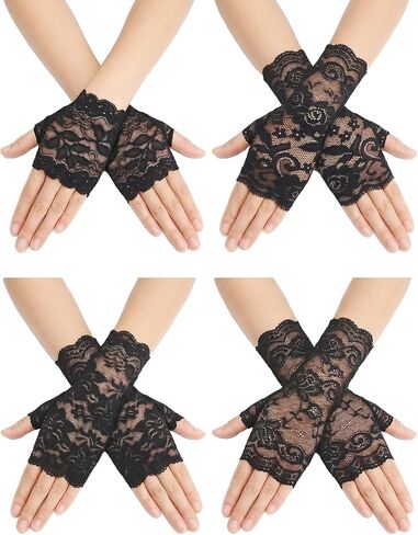 4 Pairs Women Short Lace Fingerless Gloves, Assorted Floral Wrist Half Finger Gloves for Tea Party, Bridal Wedding, Gothic Cosplay Prom Costume Accessories in Saudi Arabia