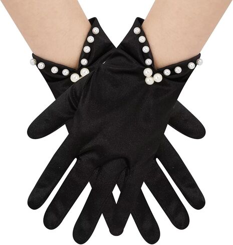 Hazhlko Women's Short Satin Gloves with Pearl Wrist Length Tea Party Gloves for Wedding Bridal Opera Banquet Costume in Saudi Arabia