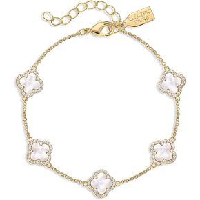 Electric Picks Mini Icon Bracelet for Women, White Mother of Pearl Clover on 14k Gold Plated Chain Bracelet, Adjustable 6"-7.5", Stackable Everyday Jewelry, Minimalist Gift in Saudi Arabia