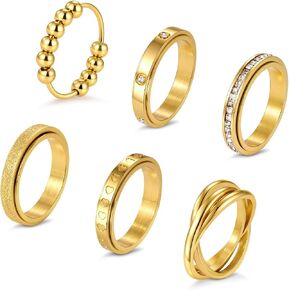 4mm Fidget Rings for Anxiety Relief - 6PCS Stainless Steel Spinner Ring Set for Women Men Beads Cross Love Heart Glitter Sandblast Diamond Thin Stackable Rings Band 18K Gold Plated Stress Relief Jewelry Non Tarnish in Saudi Arabia