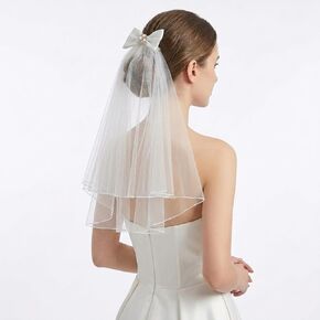 White Short Wedding Veil, Bride Veil Pearl Bride Veils with Bow 20''Short White Bachelorette Veils Wedding Accessories in Kuwait