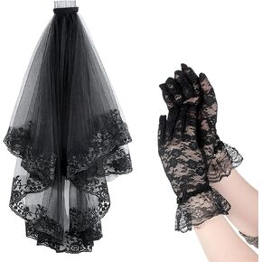Tucnoeu Black Lace Veil Bridal Embroidered Floral, Halloween Veil with Comb And Gloves, Edge Wedding Veils 2 Tiers, Gothic Veils for Women Brides Wedding Bridal Shower in Kuwait