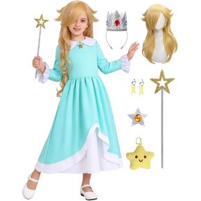 Girls Princess Dress with Accessories, Blue Princess Dress with Wig Wand Crown Earrings and Star Earrings in Saudi Arabia