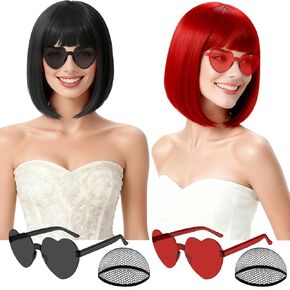 2 Pack Pink Short Bob Wig with Bangs for Women, Girls Neon Bobs Colorful Party Wigs with Heart Sunglasses for Princess Fairy Theme Party Outfit Birthday Cosplay Valentine's Day Daily Fun in Kuwait