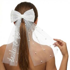 Bride to Be Embroidered Veil Elegant Bachelorette Veils with Pearls,White Bow Wedding Veil for Bridal Shower, Wedding Morning, Engagement Photo Accessory in Saudi Arabia
