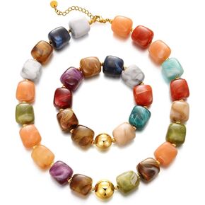 KISS WIFE Colorful Necklace and Bracelet Set for Women, Summer Beach Jewelry, Chunky Resin Square Beaded Choker Necklace, Stretch Acrylic Cube Bead Bracelet, Trendy Dopamine Dressing Jewelry Set in Kuwait