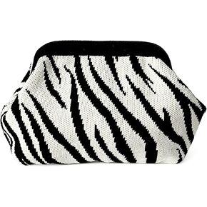 Zebra Print Purse for Women,Knitted Striped Crossbody Dumpling Clutch Bag,White and Black Crochet Cloud Handbag for Summer Beach,Evening Party in Saudi Arabia