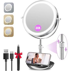 Auxmir 9" Large Lighted Makeup Mirror with Magnification, 1X/30X Double Sided Magnifying Mirror with Adjustable Height, Rechargeable Vanity Mirror with 3 Color Dimmable Lights, 360° Rotation in Saudi Arabia