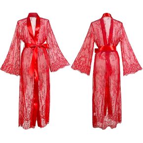 Women's Long Lace Robe with Satin Belt, Bright Red, Sheer Floral Lace Kimono Sleeves, Lingerie Nightwear in Kuwait