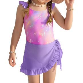 Xaatren Girls' One Piece Swimsuit Kids Quick Dry Ruffle Straps Bathing Suit with Cover Up Skirt Beach Pool Swimwear 2-8 Years in Kuwait