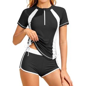 Girls Swimsuit Rash Guard 2 Piece Bathing Suit for Girls Short Sleeve Color Block UPF 50+ Zip Pad Swimwear with Shorts in Saudi Arabia