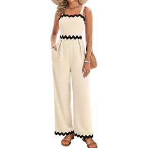 AGERWAY Womens Summer Jumpsuits Dressy Rickrack Trim Square Neck Casual One Piece Sleeveless Wide Leg Long Pant Rompers in Kuwait