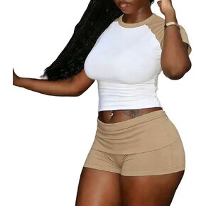 Yeshire Womens Two Piece Outfits Crew Neck T-Shirt High Waist Solid Color Shirt Shorts Jogger Bodycon Sets in Saudi Arabia