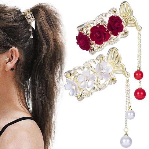 HINZIC 2pcs High Ponytail Hair Claw Clips, 2inch Rose Crystal Rhinestone Hair Clips Vintage Barrettes Cuff Chinese Hair Accessories for Thick Long Hair Bride Women Girls(White Red) in Kuwait