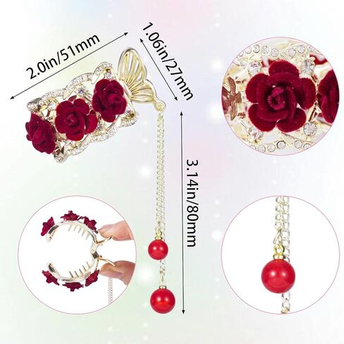 HINZIC 2pcs High Ponytail Hair Claw Clips, 2inch Rose Crystal Rhinestone Hair Clips Vintage Barrettes Cuff Chinese Hair Accessories for Thick Long Hair Bride Women Girls(White Red) in Kuwait
