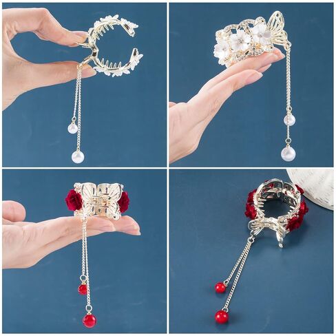 HINZIC 2pcs High Ponytail Hair Claw Clips, 2inch Rose Crystal Rhinestone Hair Clips Vintage Barrettes Cuff Chinese Hair Accessories for Thick Long Hair Bride Women Girls(White Red) in Kuwait