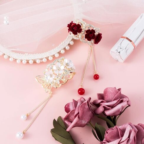 HINZIC 2pcs High Ponytail Hair Claw Clips, 2inch Rose Crystal Rhinestone Hair Clips Vintage Barrettes Cuff Chinese Hair Accessories for Thick Long Hair Bride Women Girls(White Red) in Kuwait